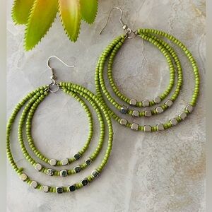 Green Seed Beaded Triple Hoop Earrings
